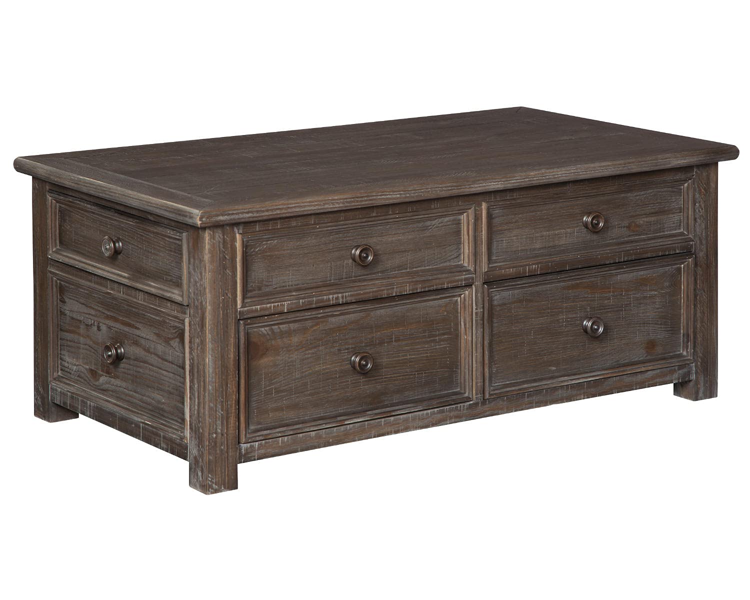 【Furniture】Rustic Rectangular Lift Top Coffee Table with 4 Storage Drawers, Dark Brown with Distressed Finish