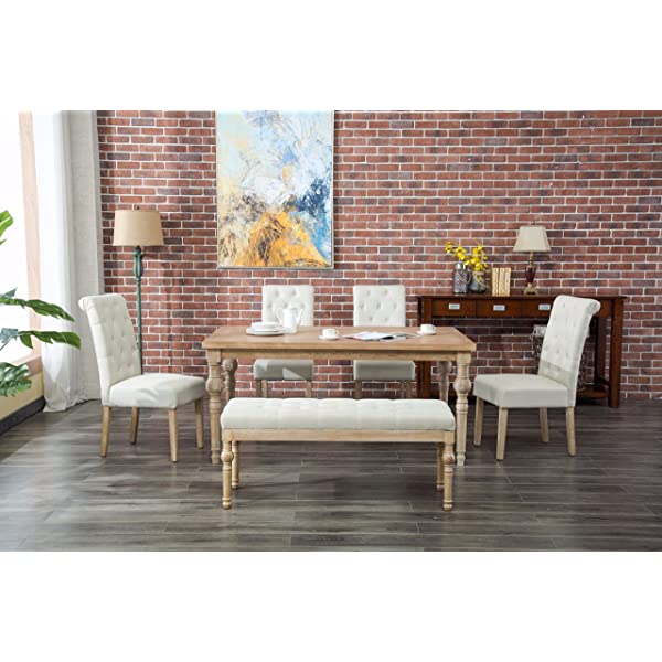 Roundhill Furniture Habitanian 6-Piece White Wash Dining Set with Tufted Chairs and Bench, Beige