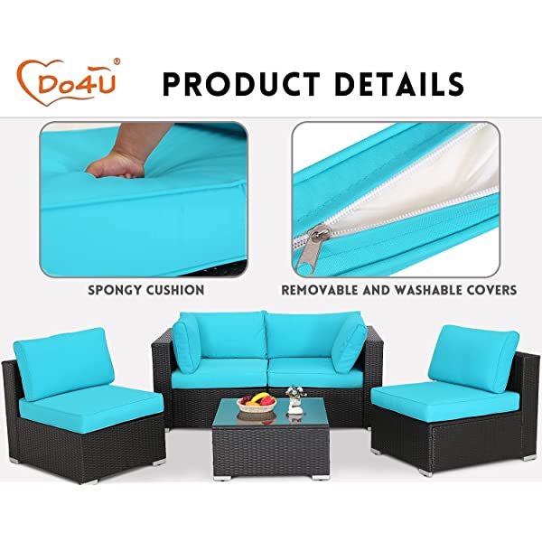 Do4U 5 Pieces Outdoor Patio Furniture Set PE Rattan Patio Set Porch Furniture Cushioned Patio Chairs Set Patio Conversation Set for Garden Balcony Porch Poolside Lawn (Blue)