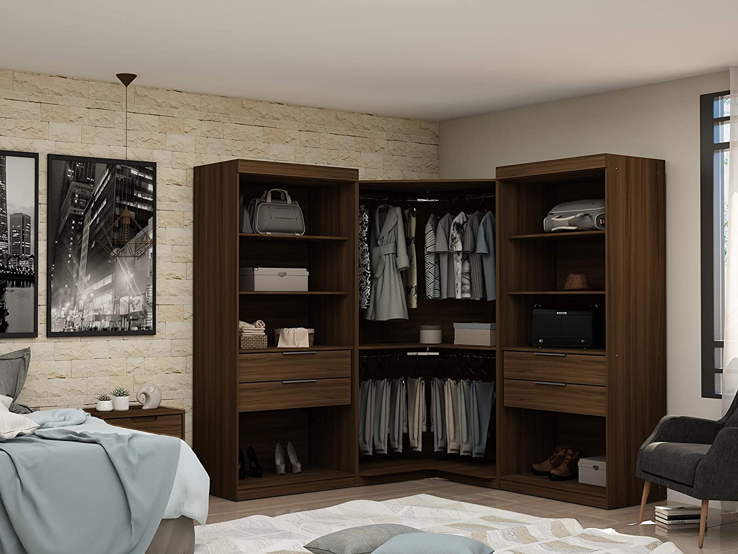 【Furniture】Mulberry Modern Open 3 Sectional Wardrobe Corner Closet with 4 Drawers, Set of 3