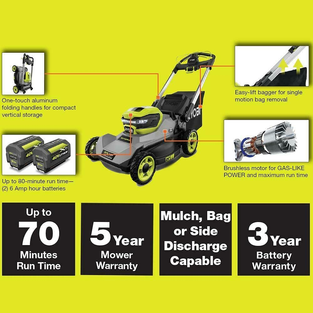 RYOBI 40V HP Brushless 21 in. Cordless Battery Walk Behind Self-Propelled Lawn Mower with (2) 6.0 Ah Batteries and Charger