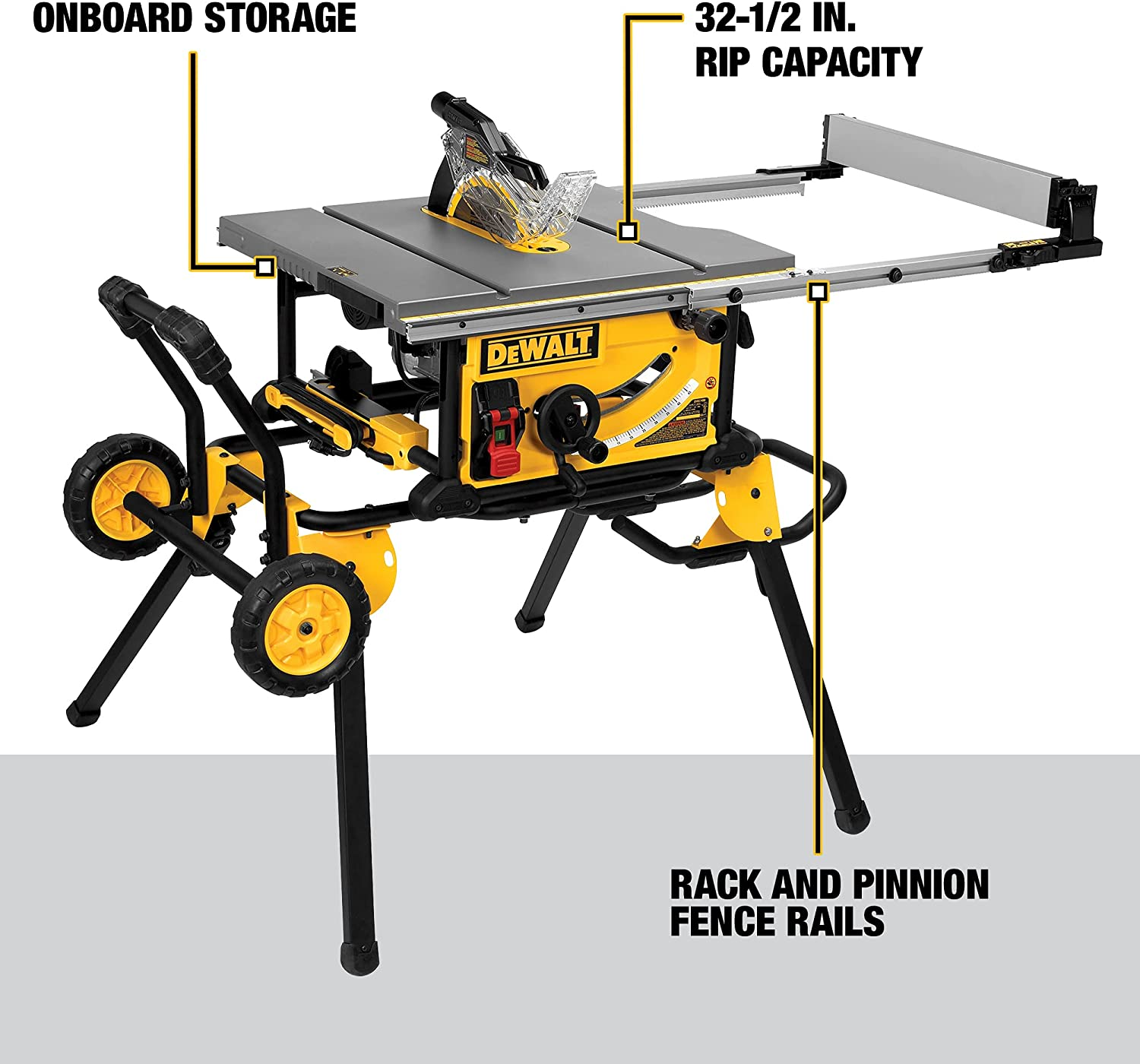 DEWALT 10 Inch Table Saw, 32-1/2 Inch Rip Capacity, 15 Amp Motor, With Rolling/Collapsible Stand (DWE7491RS)