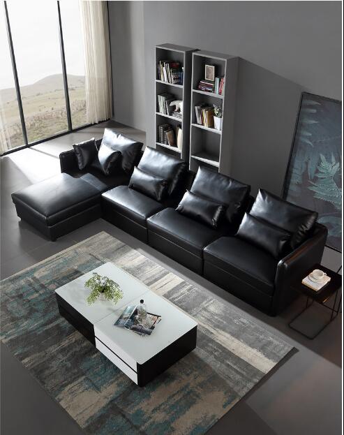 Italian high-grade black leather sofa living room modern corner combination imported oral leather size