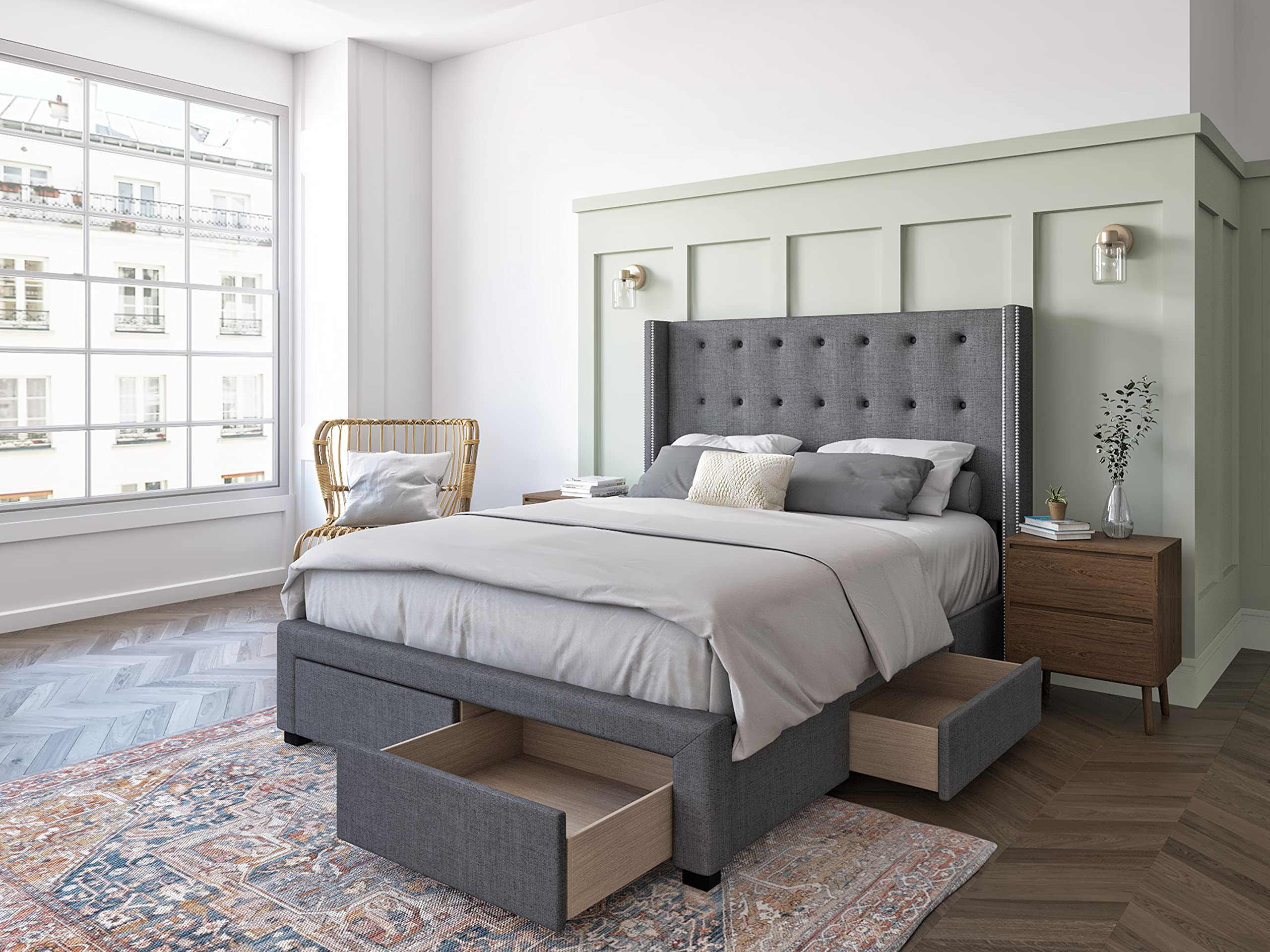 【Furniture】Savoy Tufted Upholstered Wingback Panel Storage Bed Frame, King Size in Grey Fabric