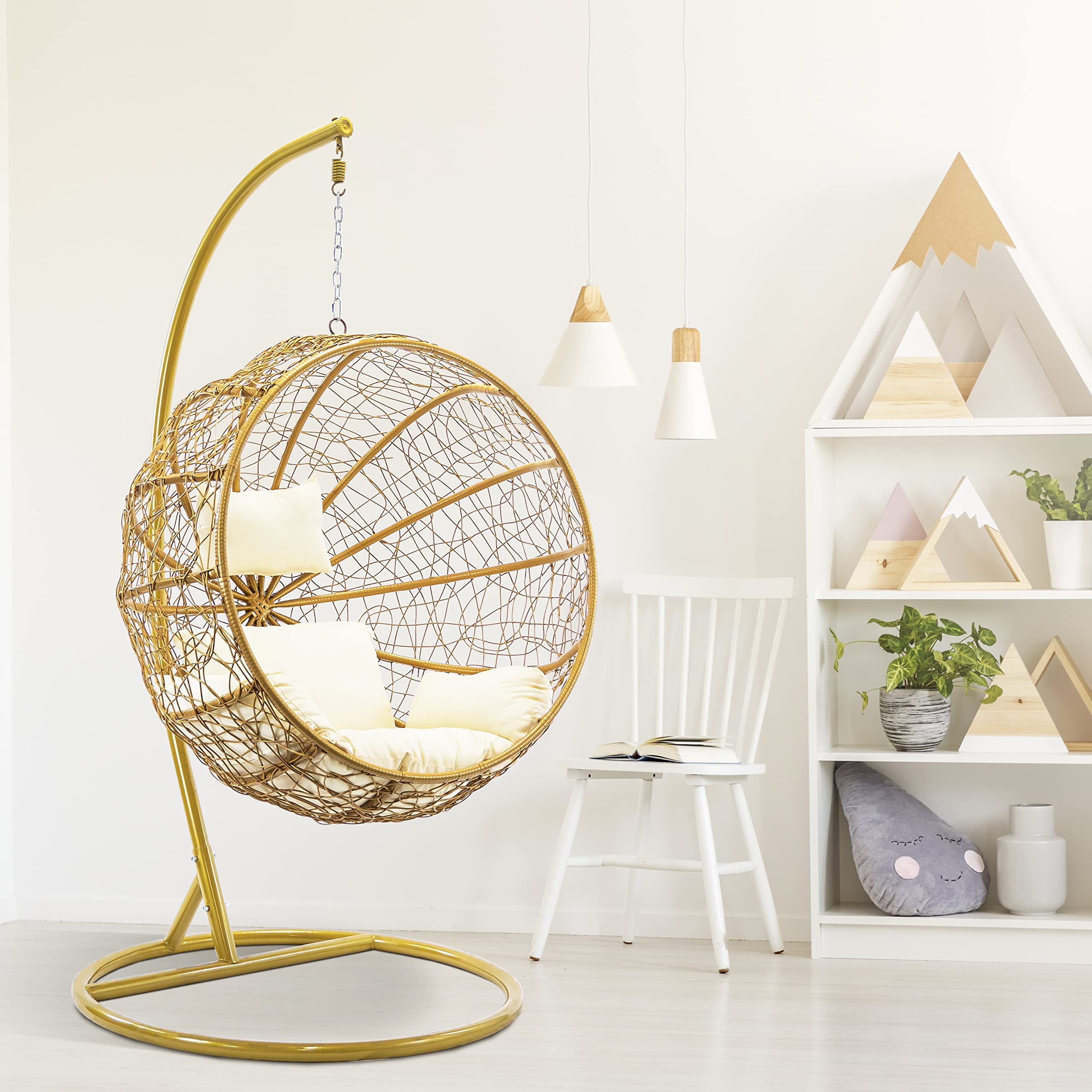 【Home&Garden】Porch Swing Chair with Stand, Cushion & Pillow, Goldden Egg Rattan Wicker Swing Hanging Chair