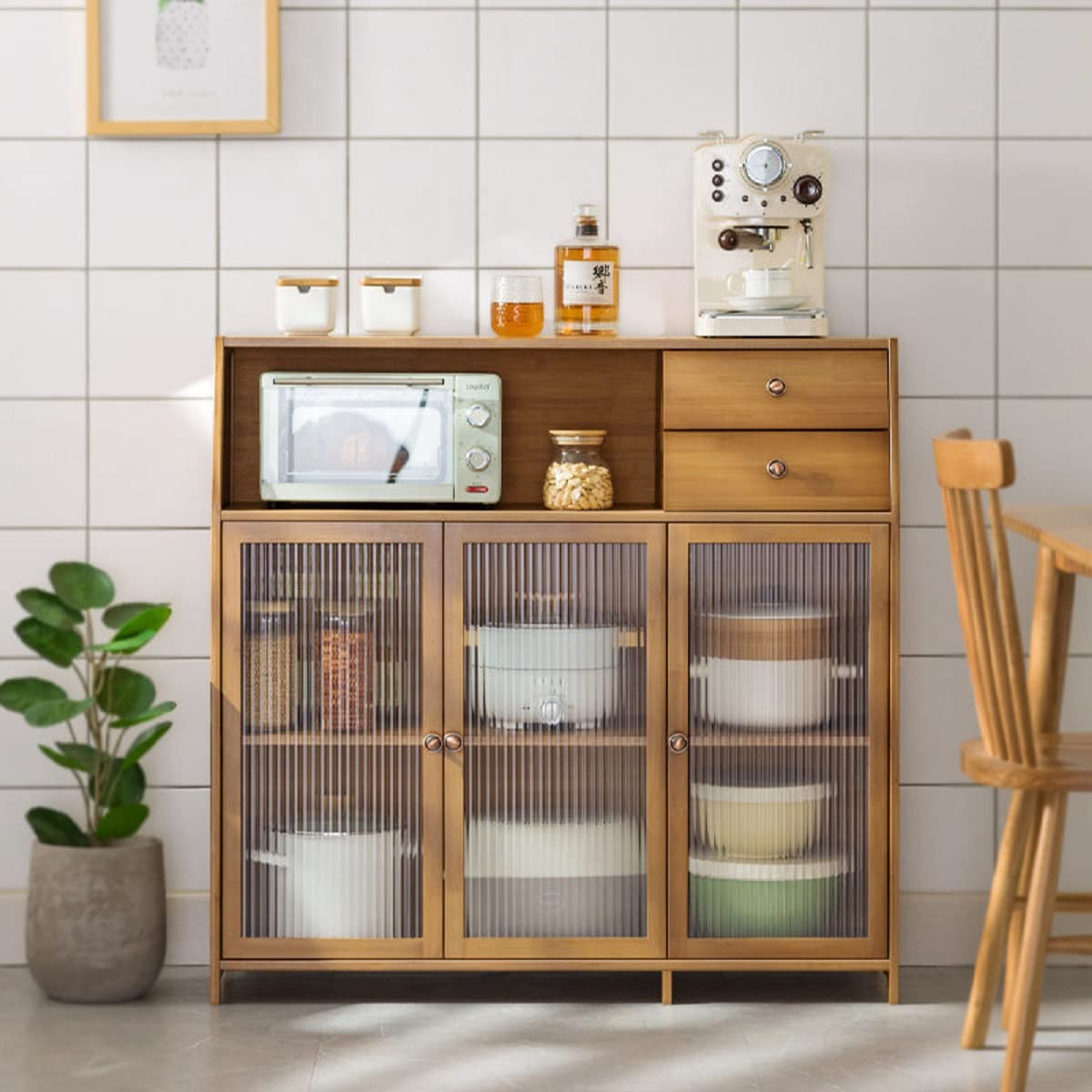 【Furniture】Natural Bamboo Buffet Sideboard Cabinet, 39 Inch Kitchen Sideboard Cabinet with 3 Doors