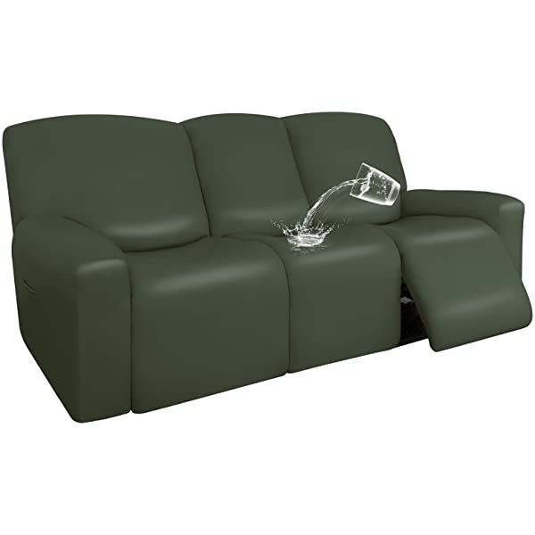 Easy-Going PU Leather Recliner Sofa Slipcovers, Waterproof Stretch Sofa Covers, 8 Pieces Stretch Furniture Protector, Elastic Strap Shield Pets Kids Children Cats Dogs Beige