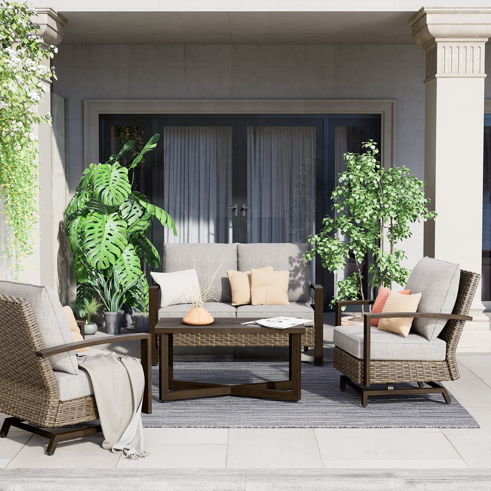 【Home&Garden】Outdoor 4 Pcs Furniture Sofa Sets PE Wicker Furniture Sets Rockers Patio Conversation Sets