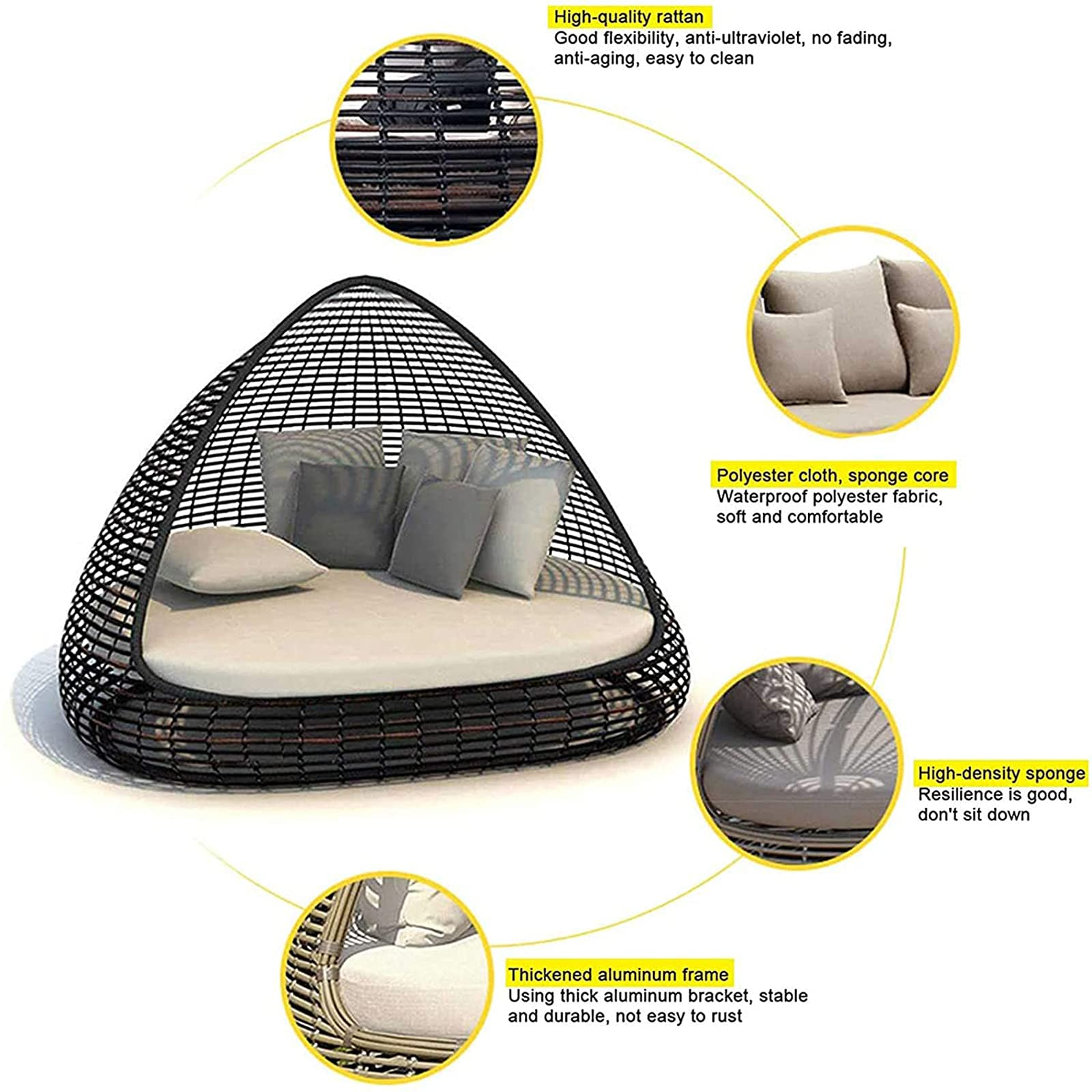 【Furniture】Rattan Wicker Sofa Bed, Creative Bird's Nest Patio Daybed Furniture, Outdoor Rattan Sun Loungers
