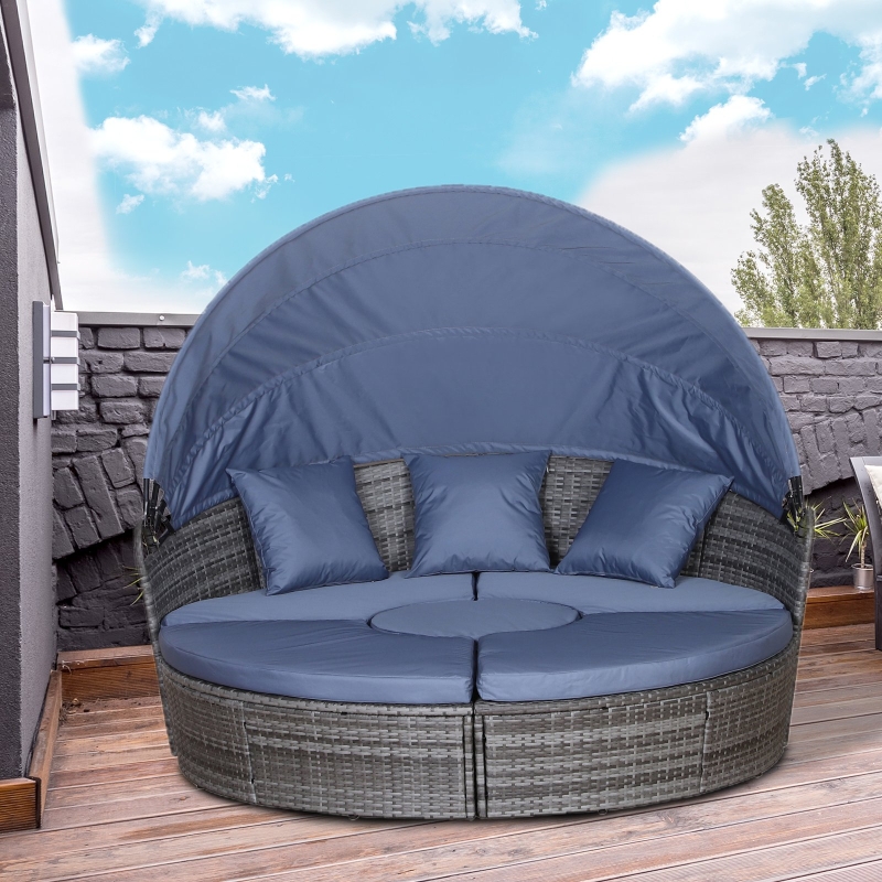 【Furniture】4 PC Patio Wicker Lounge Set, Outdoor Rattan Modular Garden Round Daybed Set