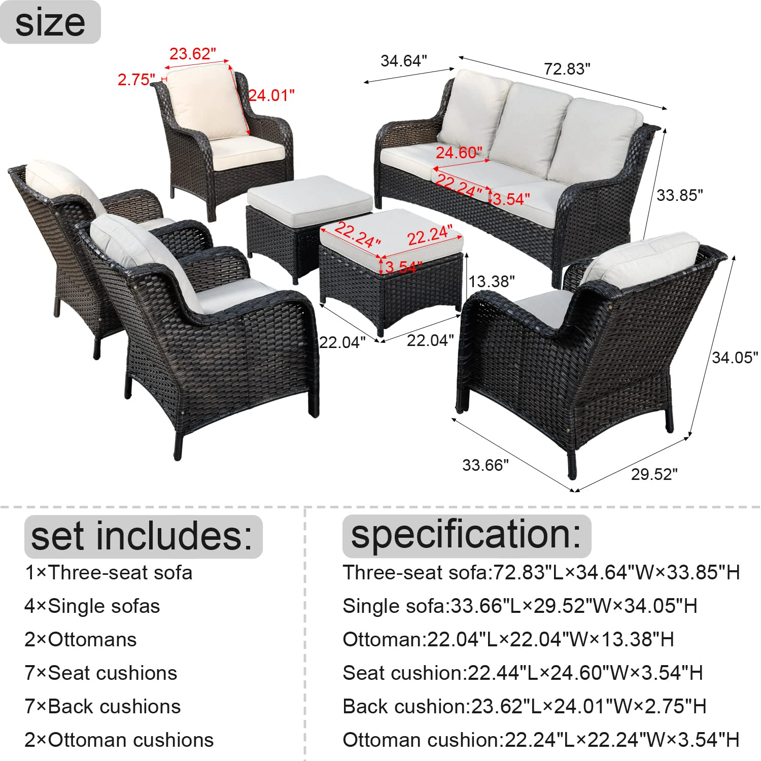 【Furniture】Outdoor Furniture Patio Furniture Set 7 Pcs All Weather Wicker Patio Conversation
