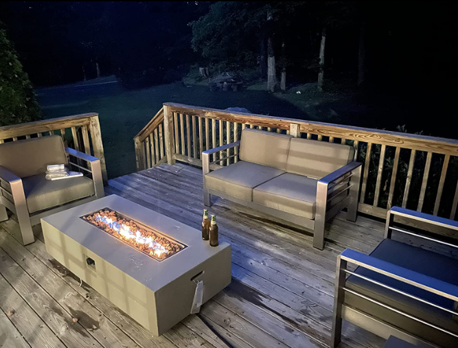 Christopher Knight Home Cape Coral Outdoor Chat Set with Fire Table, 5-Piece Set, Khaki/Light Gray