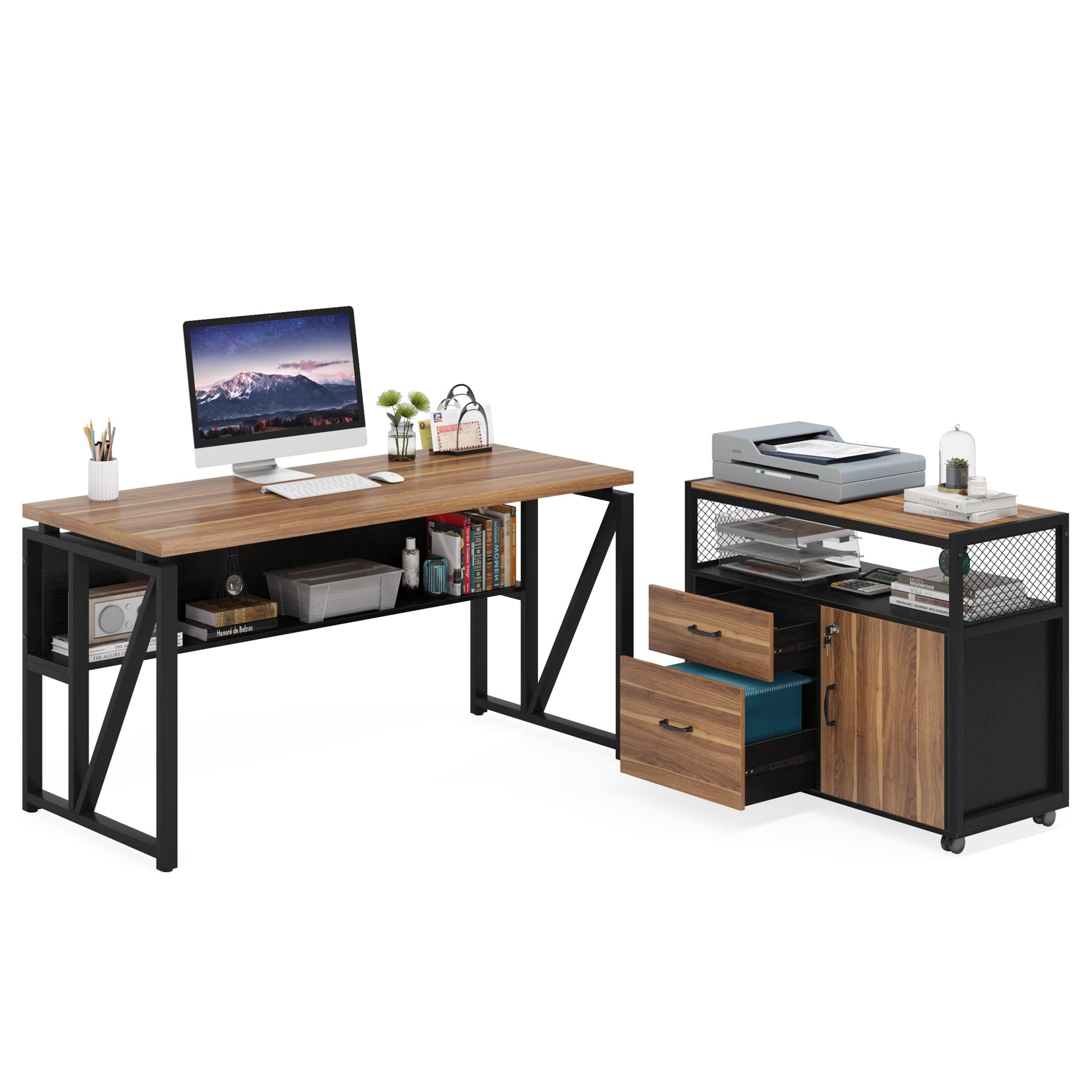 【Furniture】L Shaped Desk with Drawer Cabinet, 55