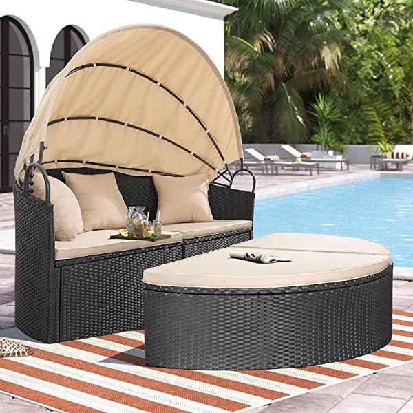 Homall Patio Furniture Outdoor Daybed with Retractable Canopy Rattan Wicker Furniture Sectional Seating with Washable Cushions for Patio Backyard Porch Pool Round Daybed Separated Seating (Beige)