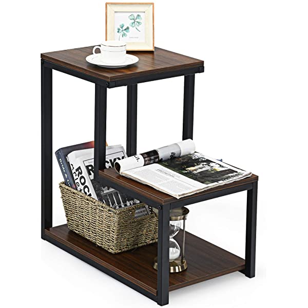 Tangkula 3-Tier Sofa Side Table, Nightstand with Storage Shelf, Sturdy Metal Frame, Ladder-Shaped Chair Side Table, White Tabletop Storage Shelf for Living Room or Bedroom (White)