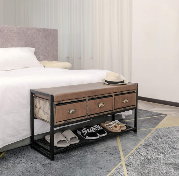 X-cosrack Industrial Shoe Bench Rack, 3-Tier Shoe Storage Organizer Shelf, Cushion Storage Bench with 3 Drawers &Mesh Shelf for Bedroom Hallway Entryway Living Room,Brown and Black