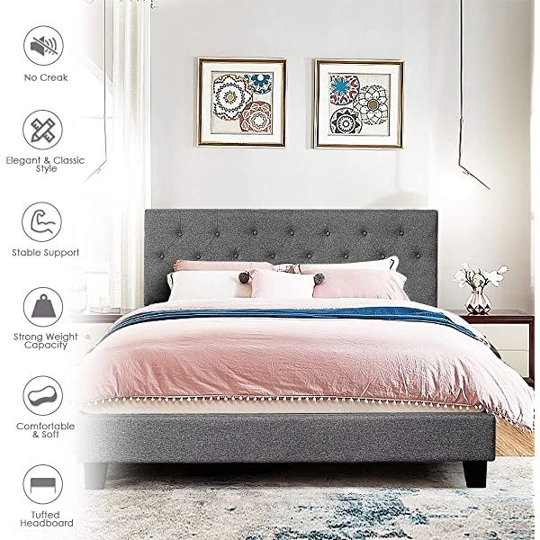 Giantex Shalini Upholstered Panel Platform Bed, Diamond Stitched Linen Panel Headboard, Metal Frame & 12 Strong Wooden Slat Support, Easy Assembly, Bed Mattress Foundation (Queen)