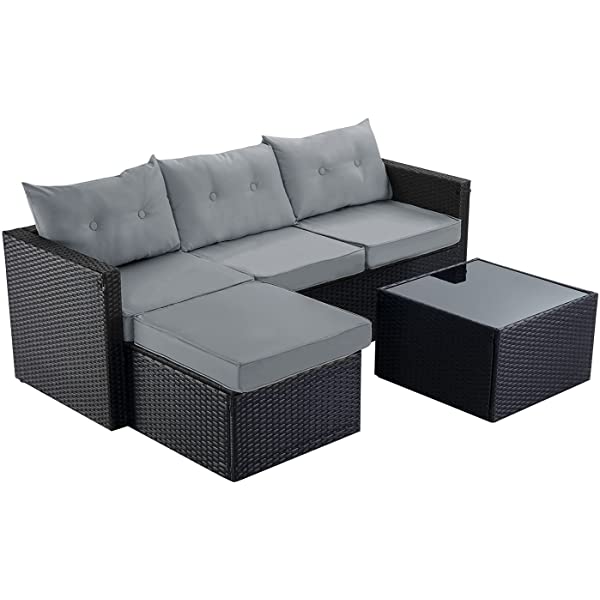 Allewie Dark Grey Patio Conversation Set, 3 Pieces PE Wicker Rattan Outdoor Furniture Set, Lounge Sofa and Loveseat with Cushions, Tempered Glass Coffee Table (Black & Dark Grey) Dark Grey & Black