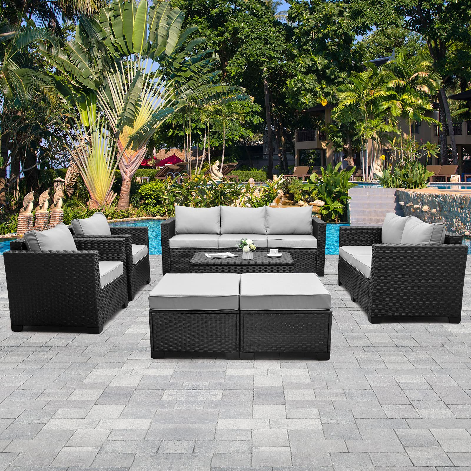 【Furniture】Patio Wicker Furniture Set 7 Pcs Outdoor PE Rattan Conversation Couch Sectional Chair Sofa Set