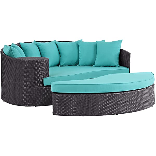 Modway Convene Wicker Rattan Outdoor Patio Poolside Sectional Sofa Daybed with Cushions in Espresso Turquoise