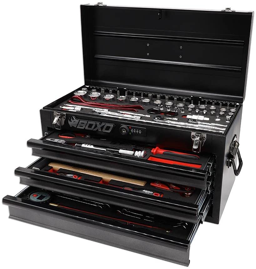 BOXO USA Heavy Duty Toolbox 103 Piece MotoBox Tool Box with Locking System - Black
